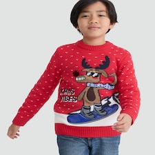 F&F Boys Knitted Xmas Vibes Slogan Jumper in Red