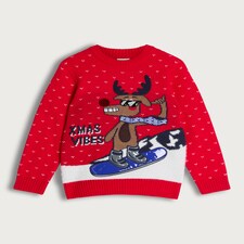 F&F Boys Knitted Xmas Vibes Slogan Jumper in Red thumbnail 4