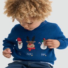 F&F Boys Knitted Santa, Reindeer and Snowman Print Jumper in Blue thumbnail 2