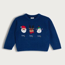 F&F Boys Knitted Santa, Reindeer and Snowman Print Jumper in Blue thumbnail 4