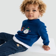 F&F Boys Knitted Santa, Reindeer and Snowman Print Jumper in Blue