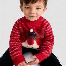 F&F Boys Knitted Reindeer Christmas Print Light Up Jumper in Red