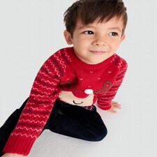 F&F Boys Knitted Reindeer Christmas Print Light Up Jumper in Red thumbnail 3