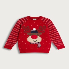 F&F Boys Knitted Reindeer Christmas Print Light Up Jumper in Red thumbnail 4