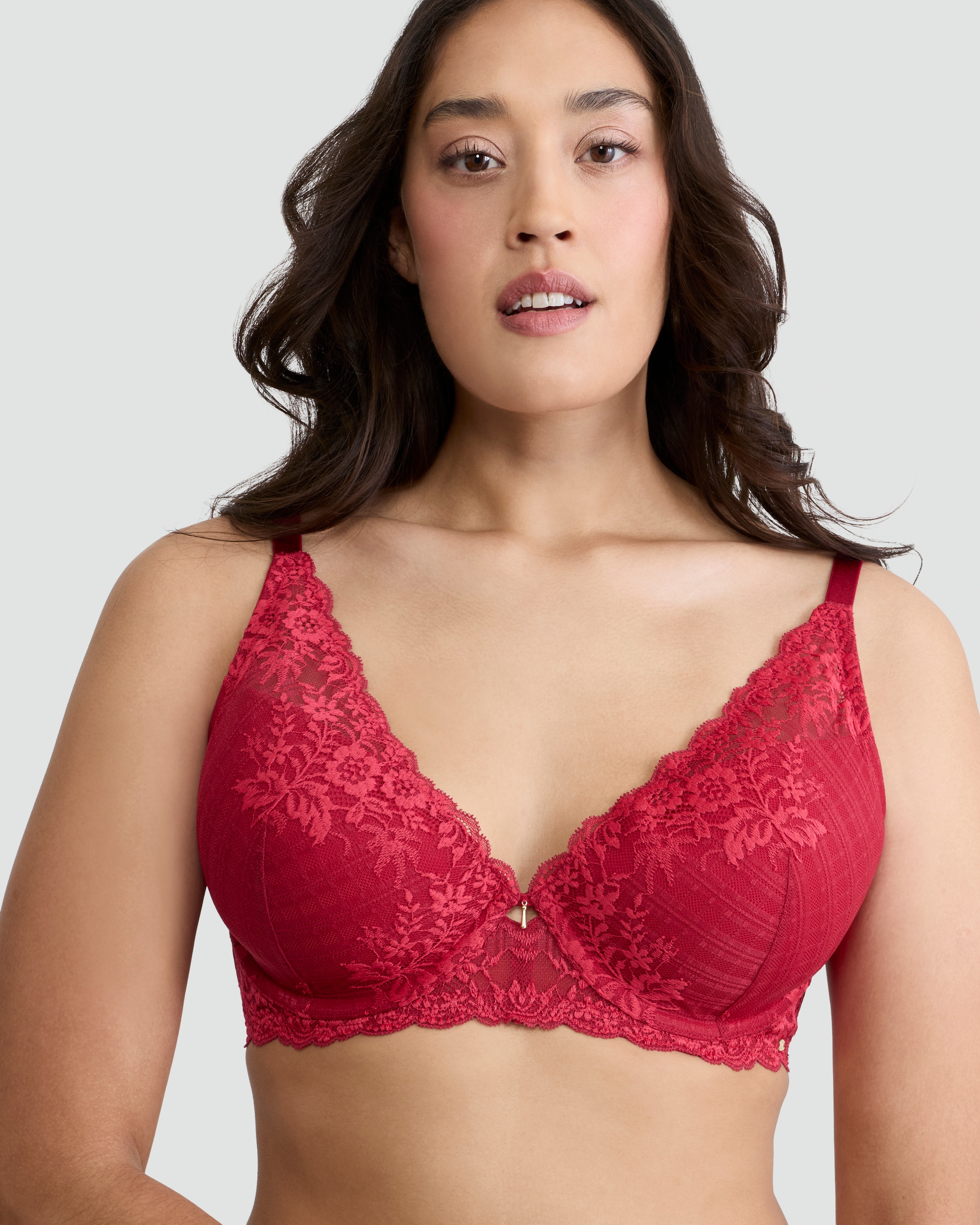 F&F Fuller Bust Floral Lace Detail Wired Plunge Bra in Red
