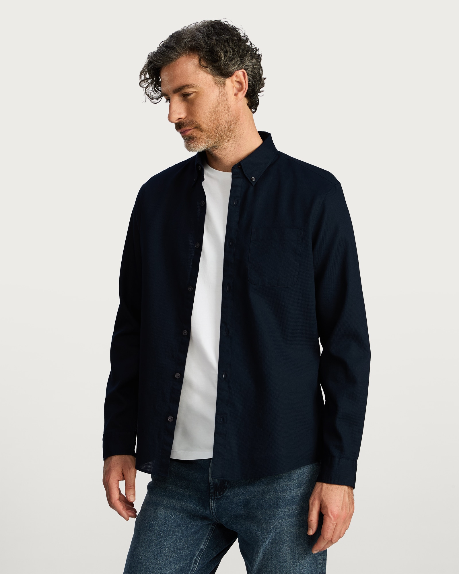 F&F Pure Cotton Slim Fit Button Down Oxford Shirt in Navy