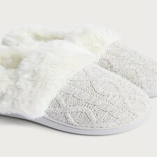 F&F Cable Knit Faux Fur Lined Slippers in Grey thumbnail 3