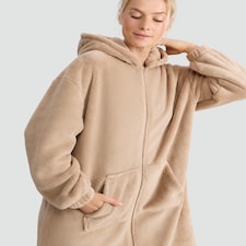 F&F Fleece Hooded Zip Up Dressing Gown in Camel