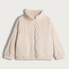 F&F Fleece Cable Knit Zip Up Pyjama Jacket in Cream thumbnail 4