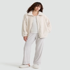 F&F Fleece Cable Knit Zip Up Pyjama Jacket in Cream thumbnail 2