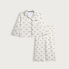 F&F Girls Satin Bow Print Pyjama Set in White Multi