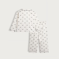 F&F Girls Satin Bow Print Pyjama Set in White Multi thumbnail 2