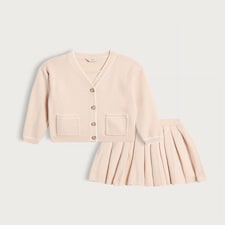 F&F x Samantha Faiers Pocket Detail Cardigan and Pleated Skirt Set in Cream thumbnail 4