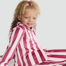 F&F Girls Minky Fleece Stripe Print Pyjamas with Scrunchie in Pink Multi