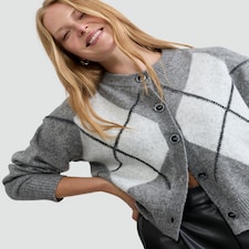 F&F Knitted Argyle Print Button Up Cardigan with Wool in Grey