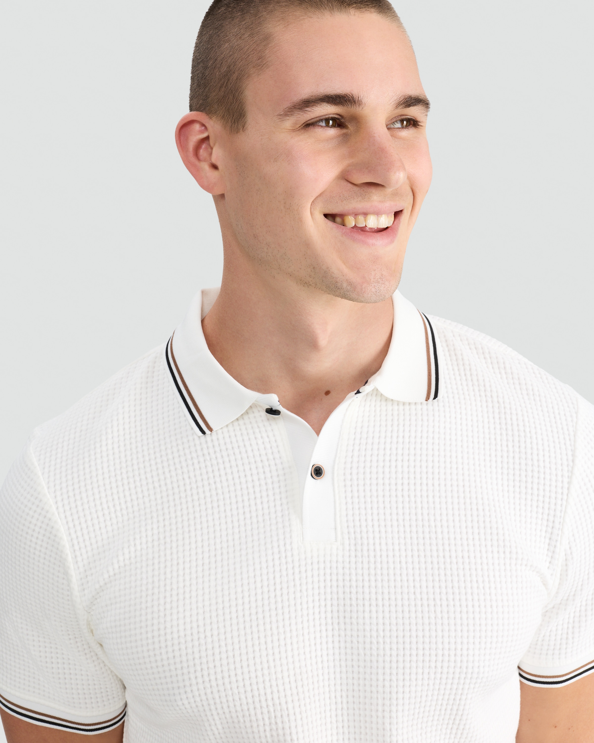 F&F Cotton Blend Waffle Textured Polo Shirt in Cream