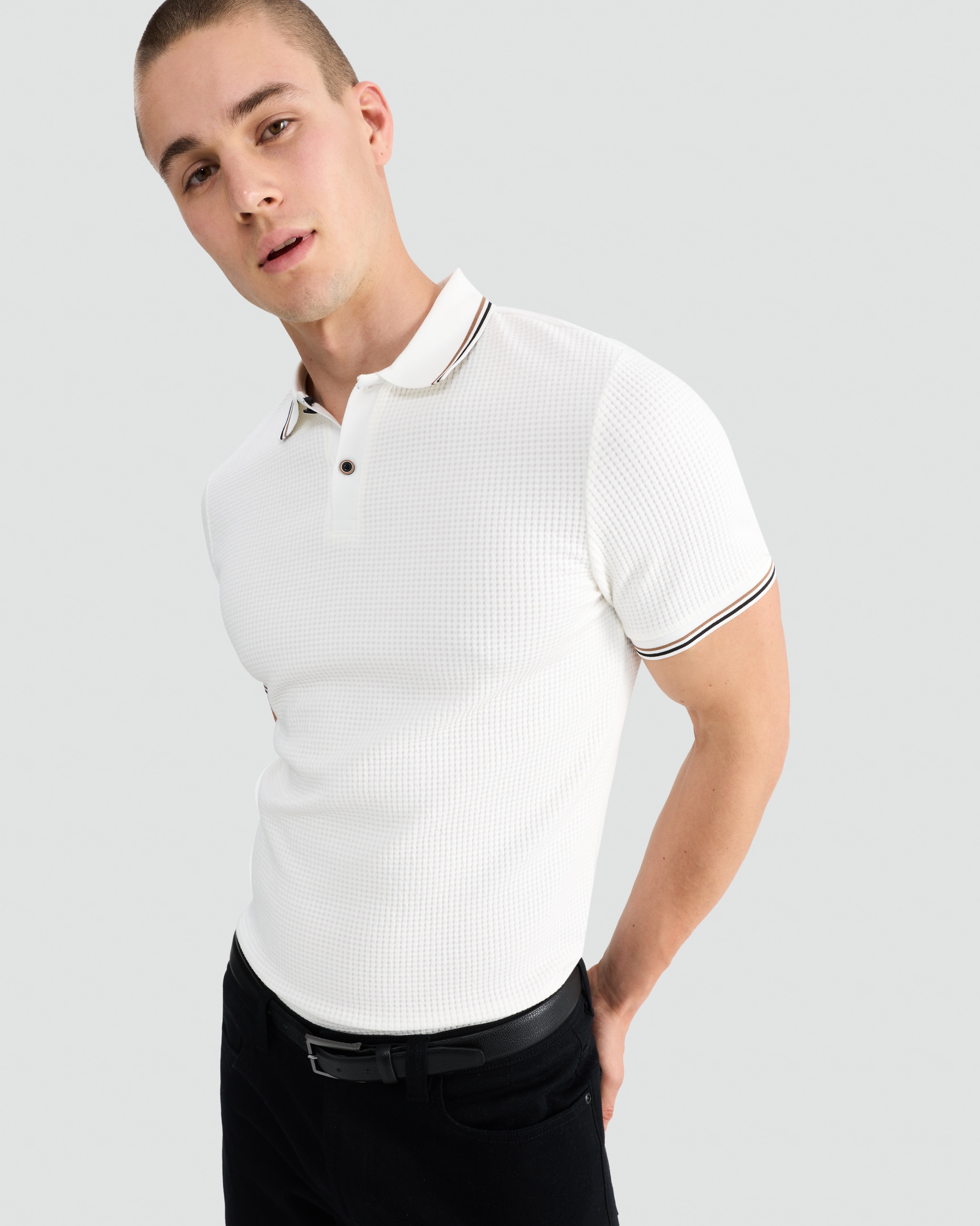 F&F Cotton Blend Waffle Textured Polo Shirt in Cream thumbnail 2