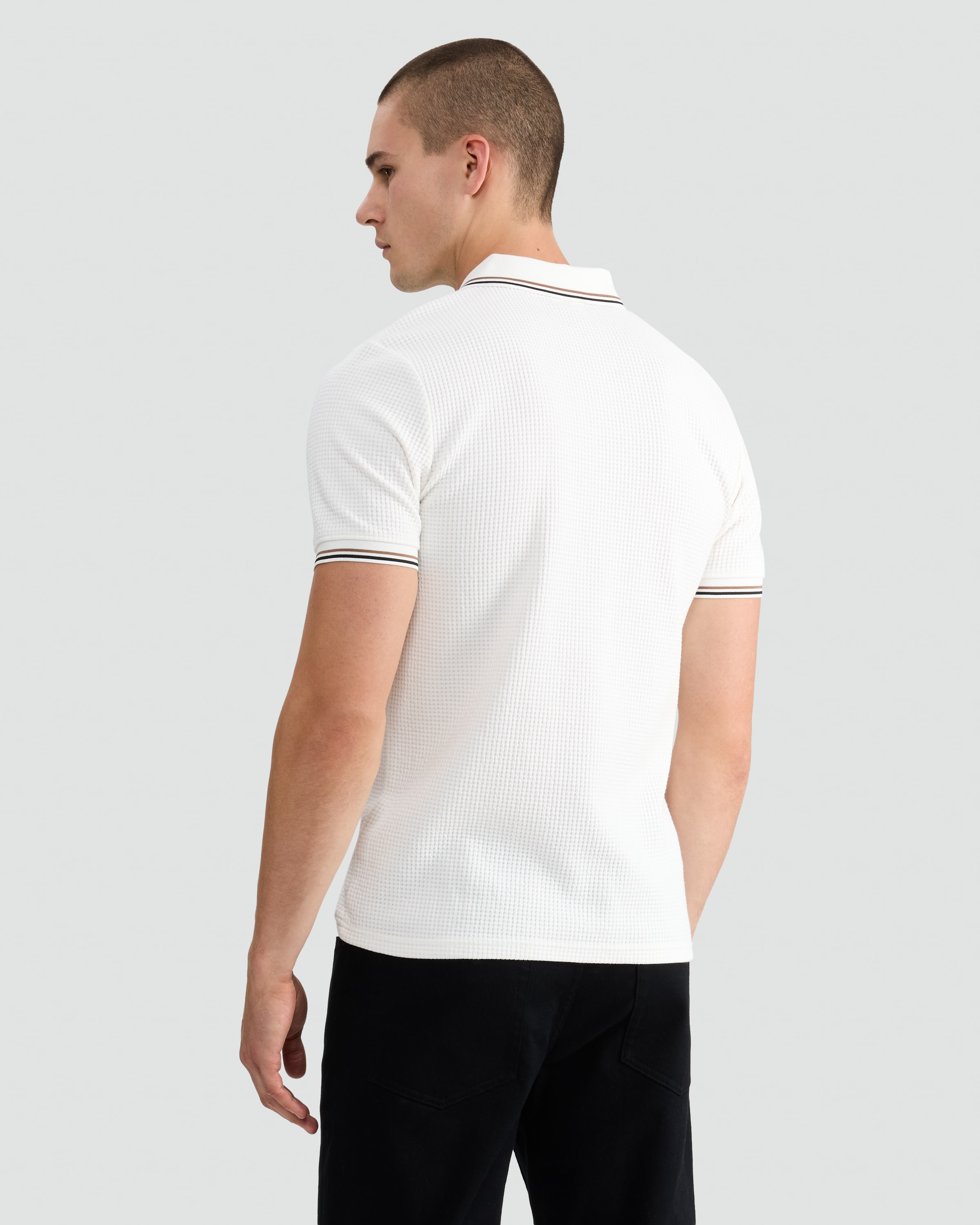 F&F Cotton Blend Waffle Textured Polo Shirt in Cream thumbnail 3