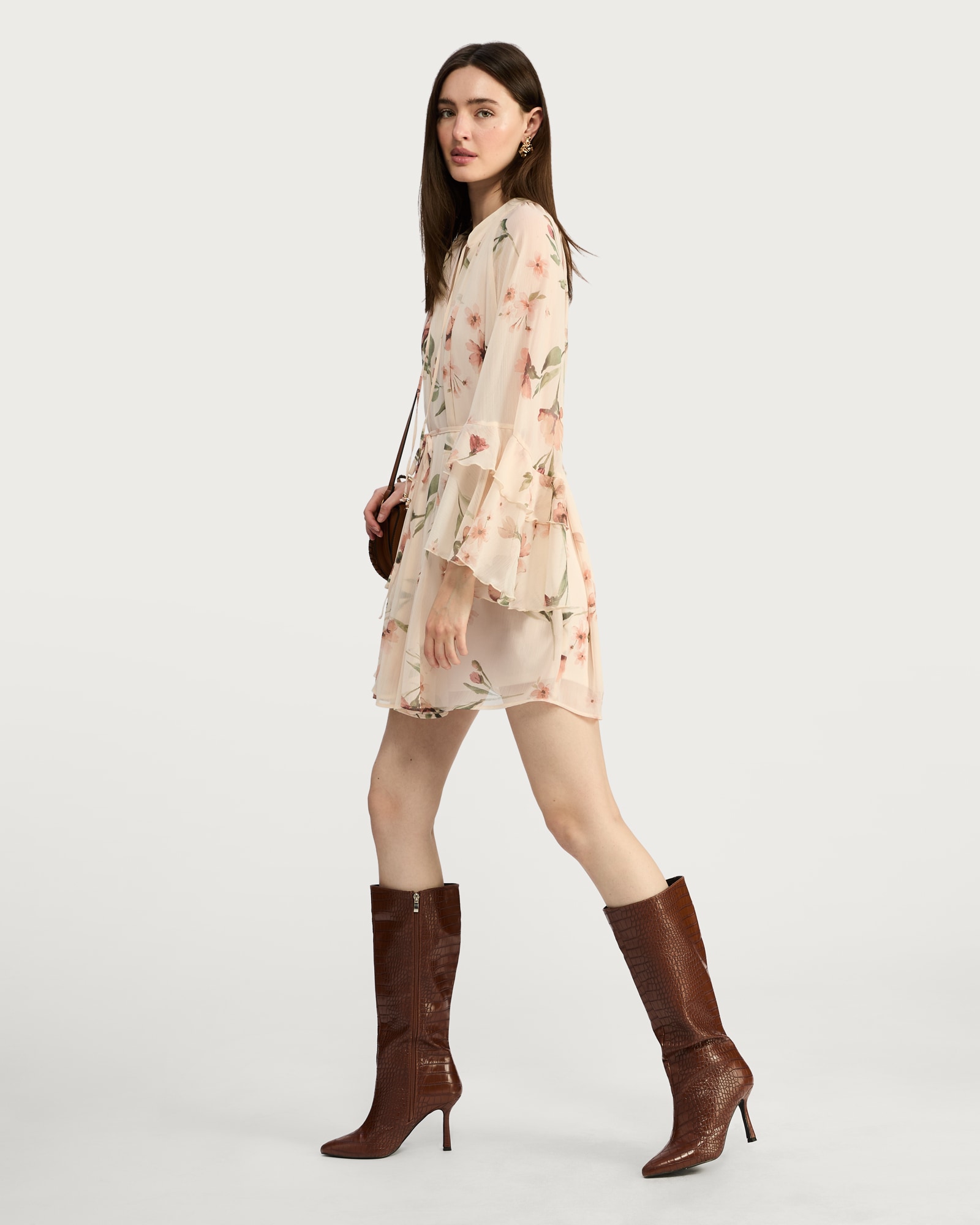 F&F Floral Print Tie Waist Mini Dress in Cream