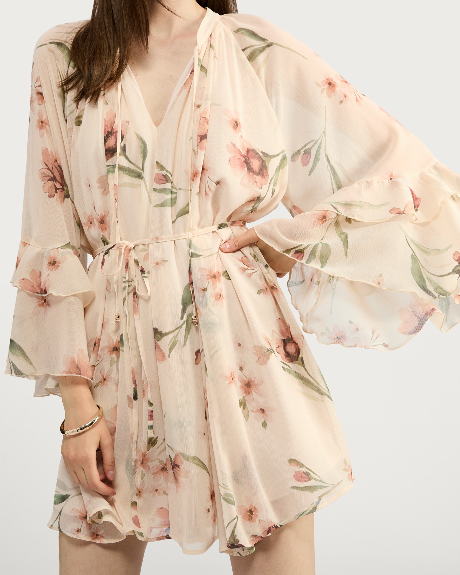 F&F Floral Print Tie Waist Mini Dress in Cream thumbnail 2