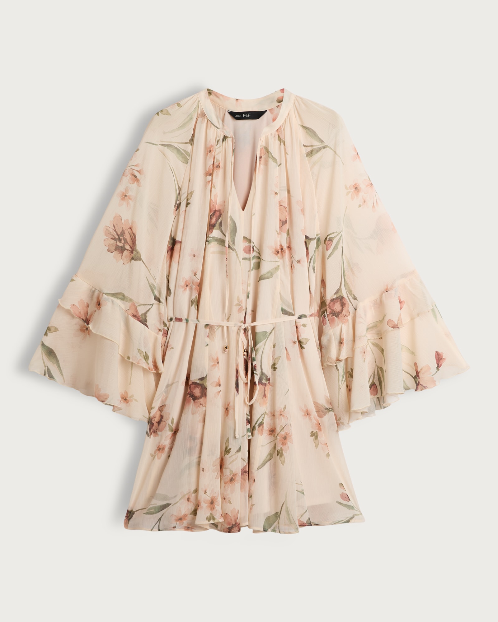 F&F Floral Print Tie Waist Mini Dress in Cream thumbnail 4