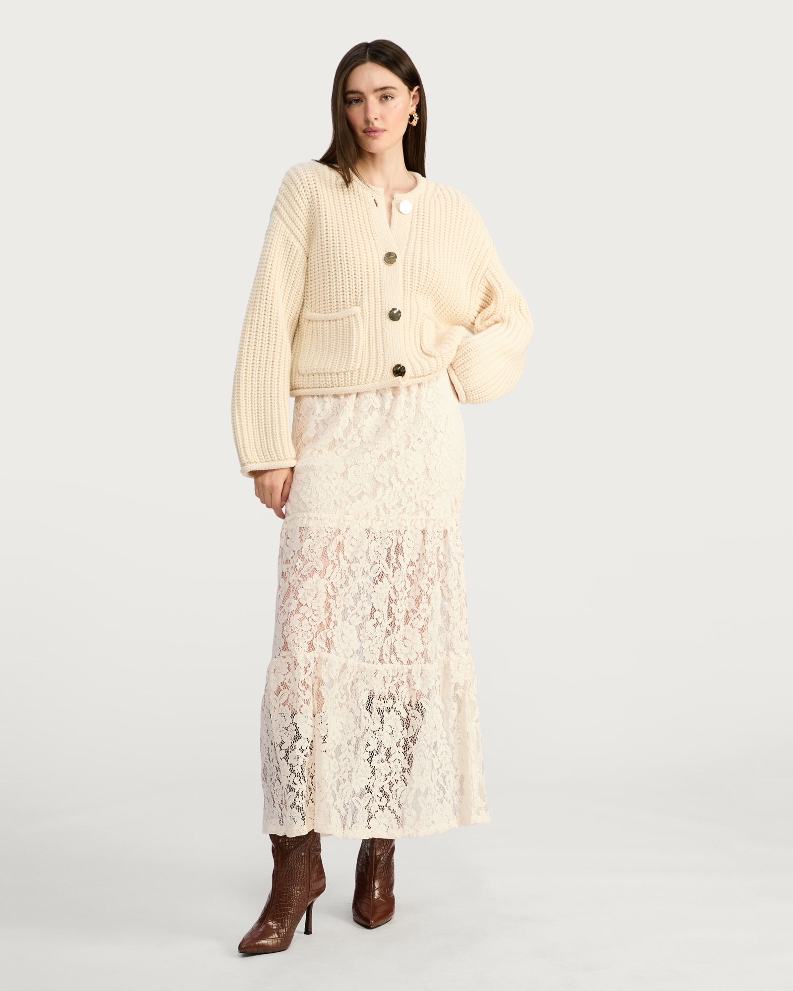 F&F Tiered Lace Midi Skirt in Cream