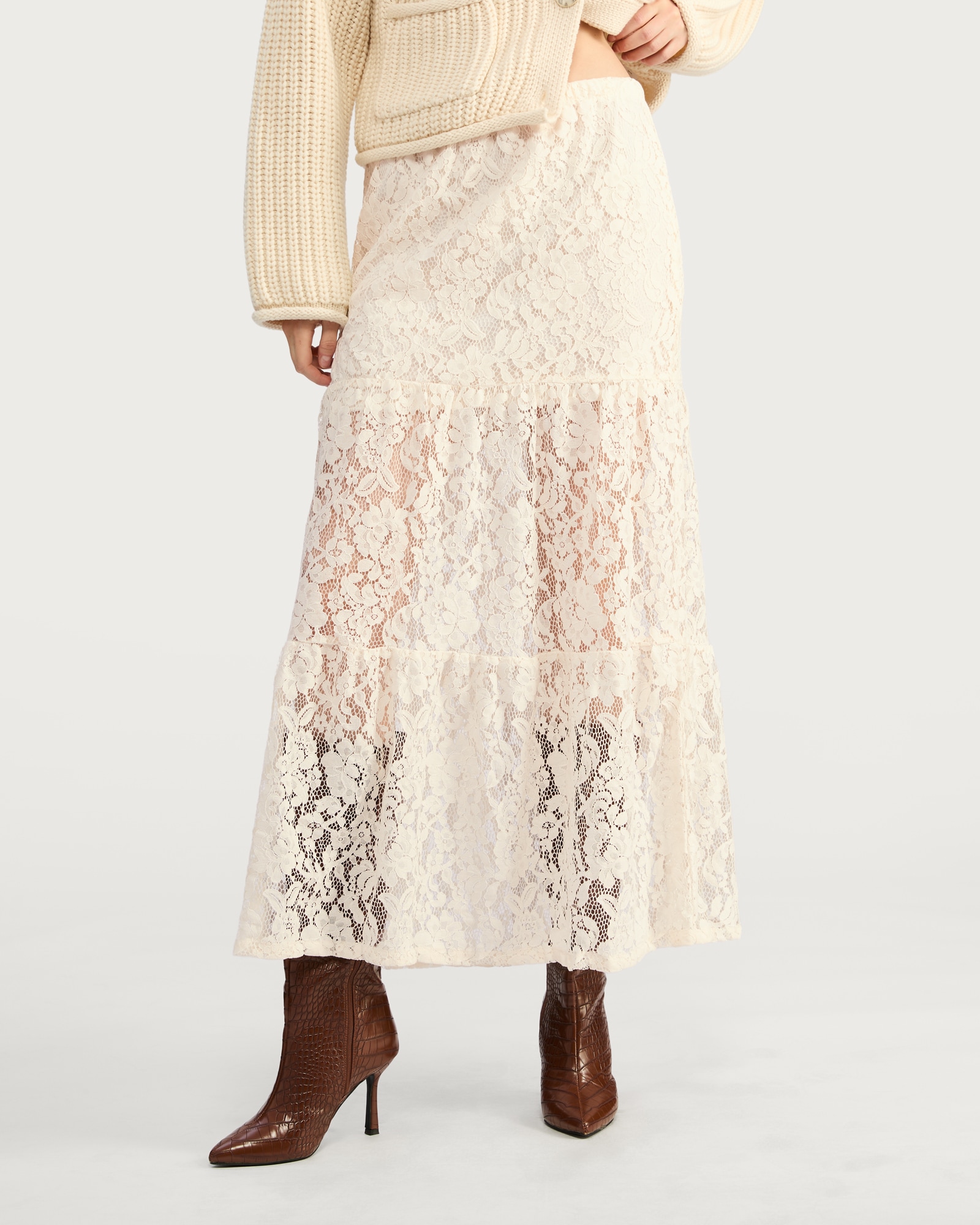 F&F Tiered Lace Midi Skirt in Cream thumbnail 3