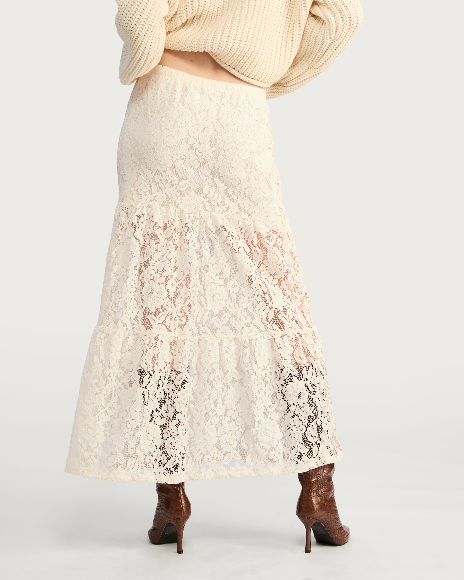 F&F Tiered Lace Midi Skirt in Cream thumbnail 4
