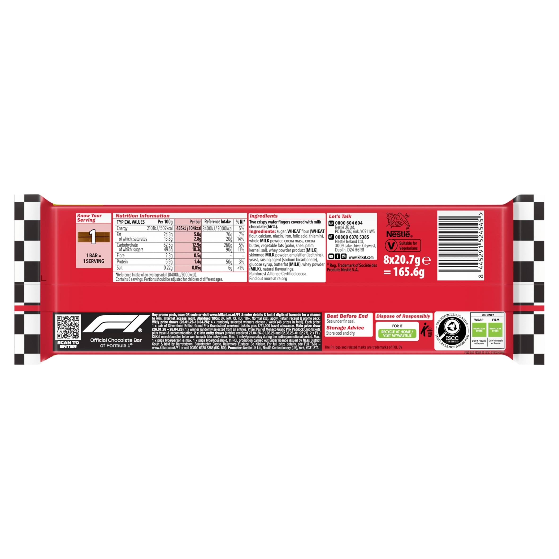 KitKat 2 Finger Milk Chocolate Biscuit Bars 8 Pack Multipack 165.6g thumbnail 2