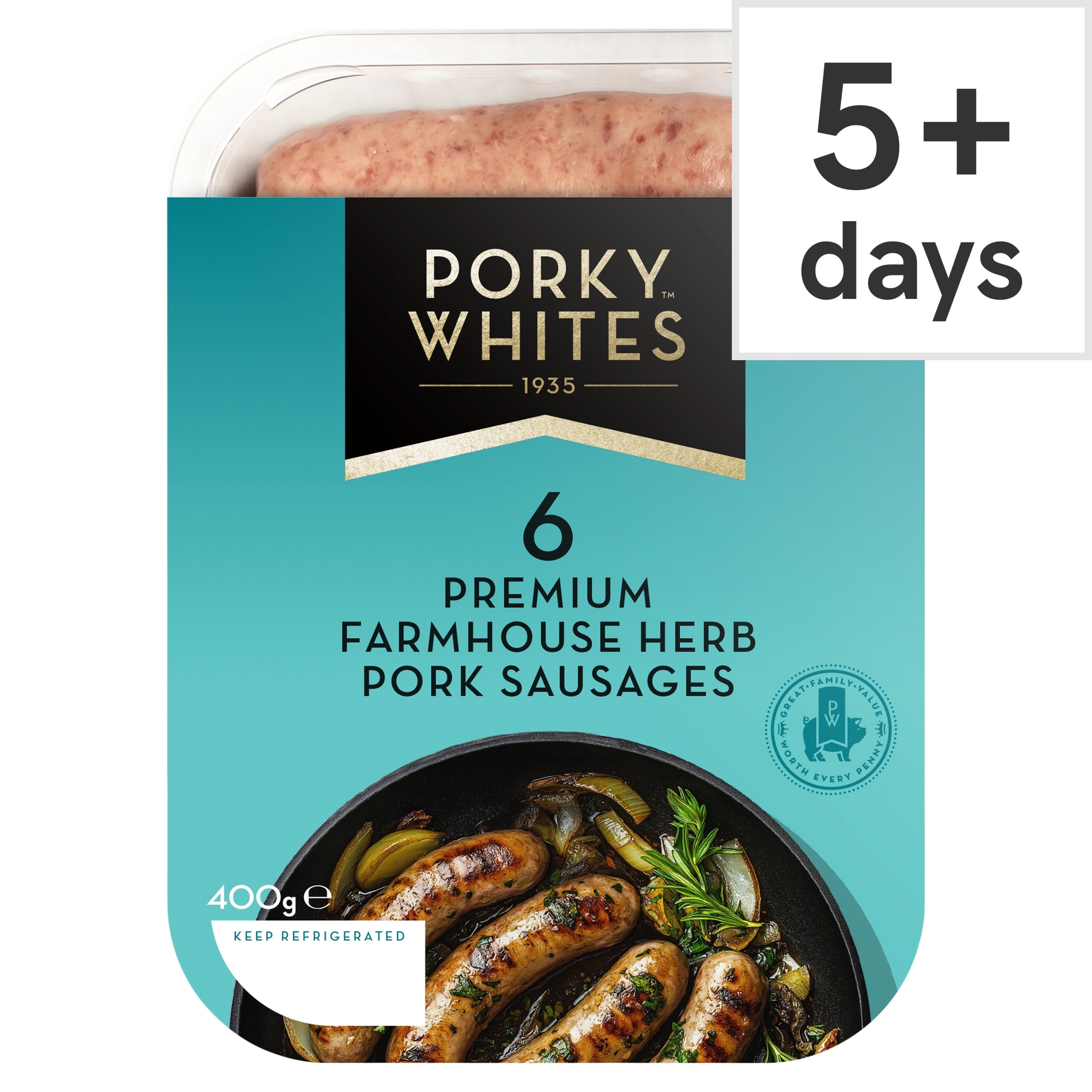 PORKY WHITES 6 PREMIUM FARMHOUSE HERB PORK SAUSAGES 400G