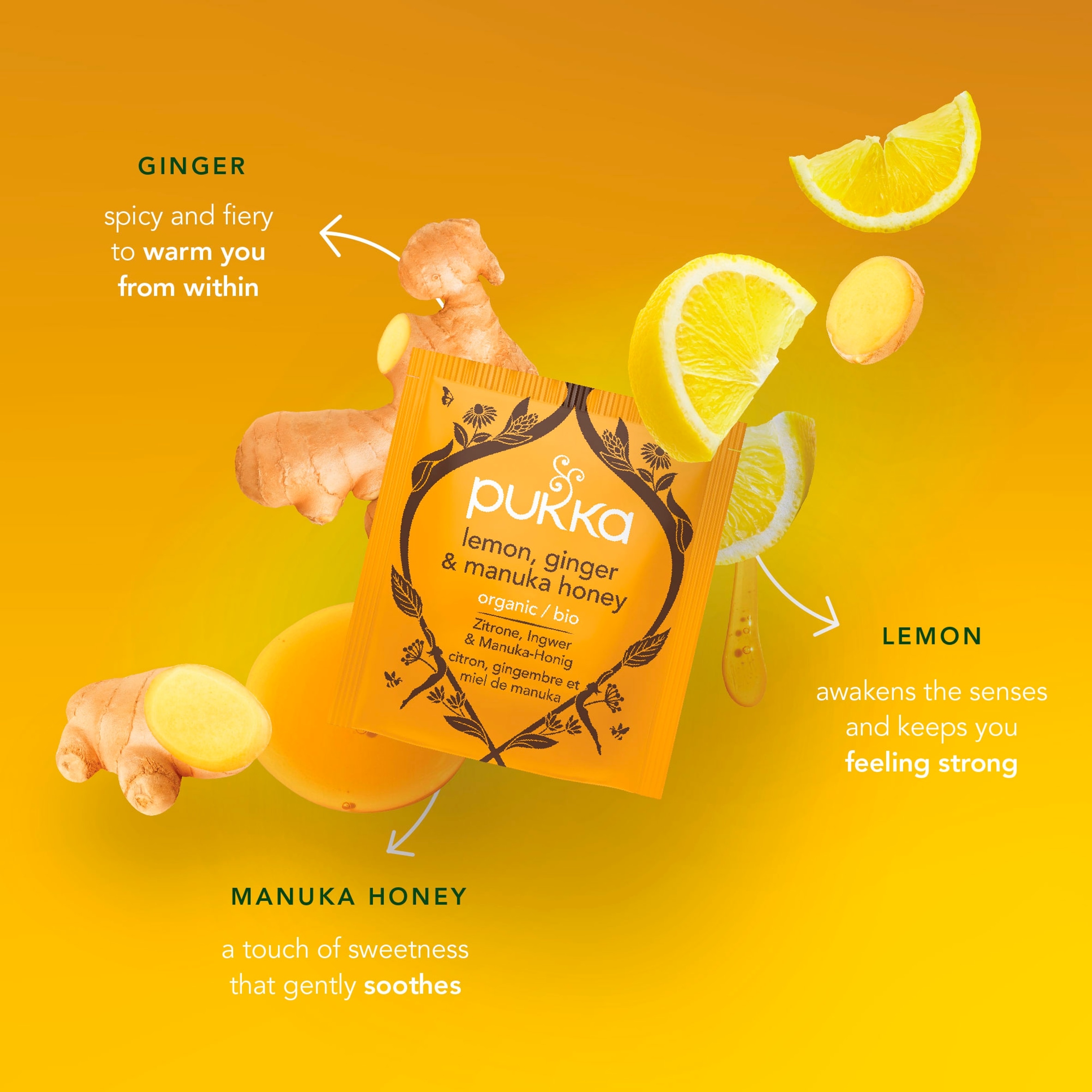 Pukka Organic Lemon, Ginger & a touch of Manuka Honey 40 Immunity Herbal Tea Bags 68g thumbnail 2