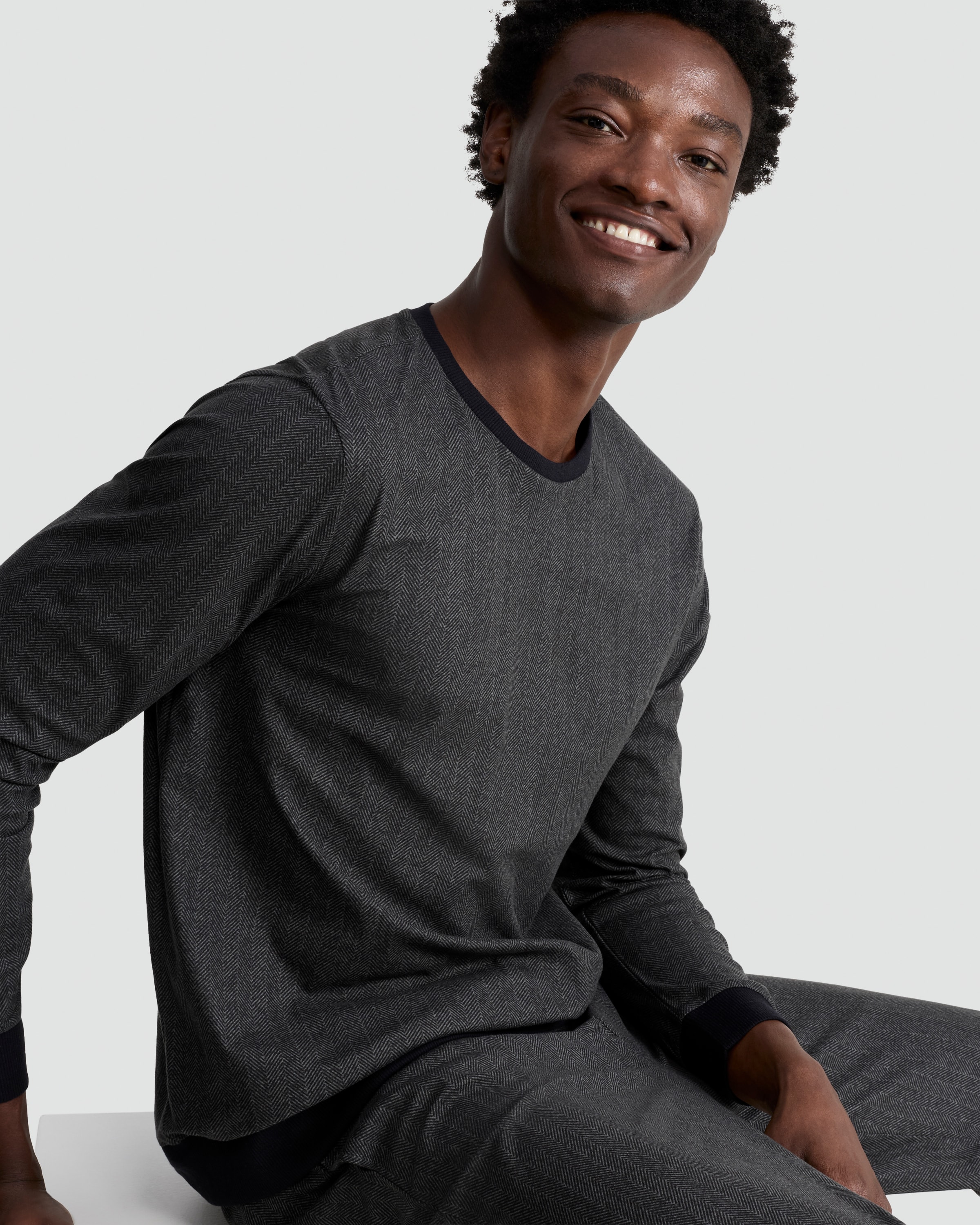 F&F Fleece Herringbone Print Top and Joggers Pyjamas in Grey