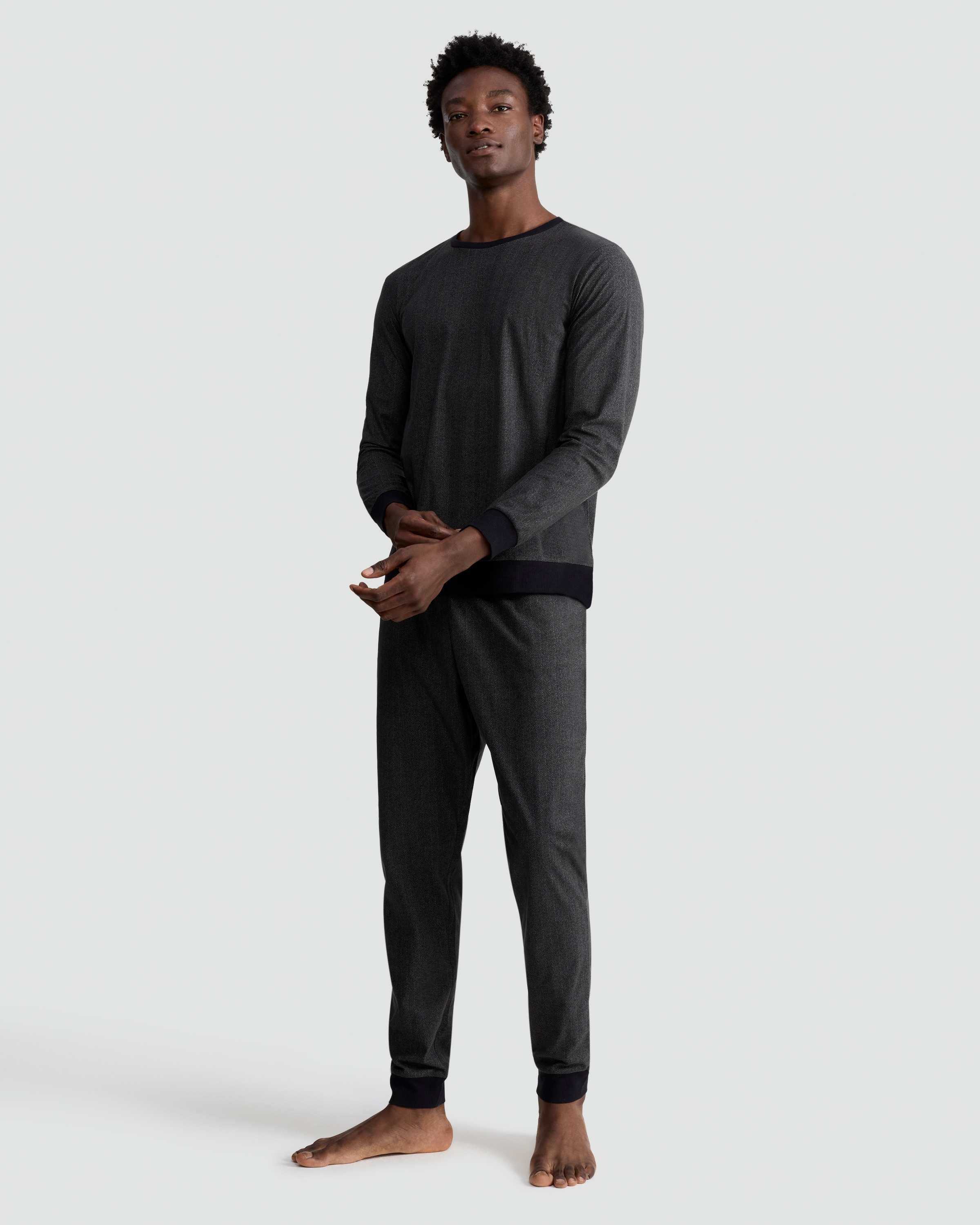 F&F Fleece Herringbone Print Top and Joggers Pyjamas in Grey thumbnail 2