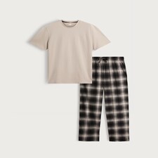 F&F Check Print Fleece Bottom Pyjama Set in Stone thumbnail 4