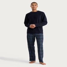 F&F Fleece Long Sleeved Top and Check Bottoms Pyjama Set in Navy