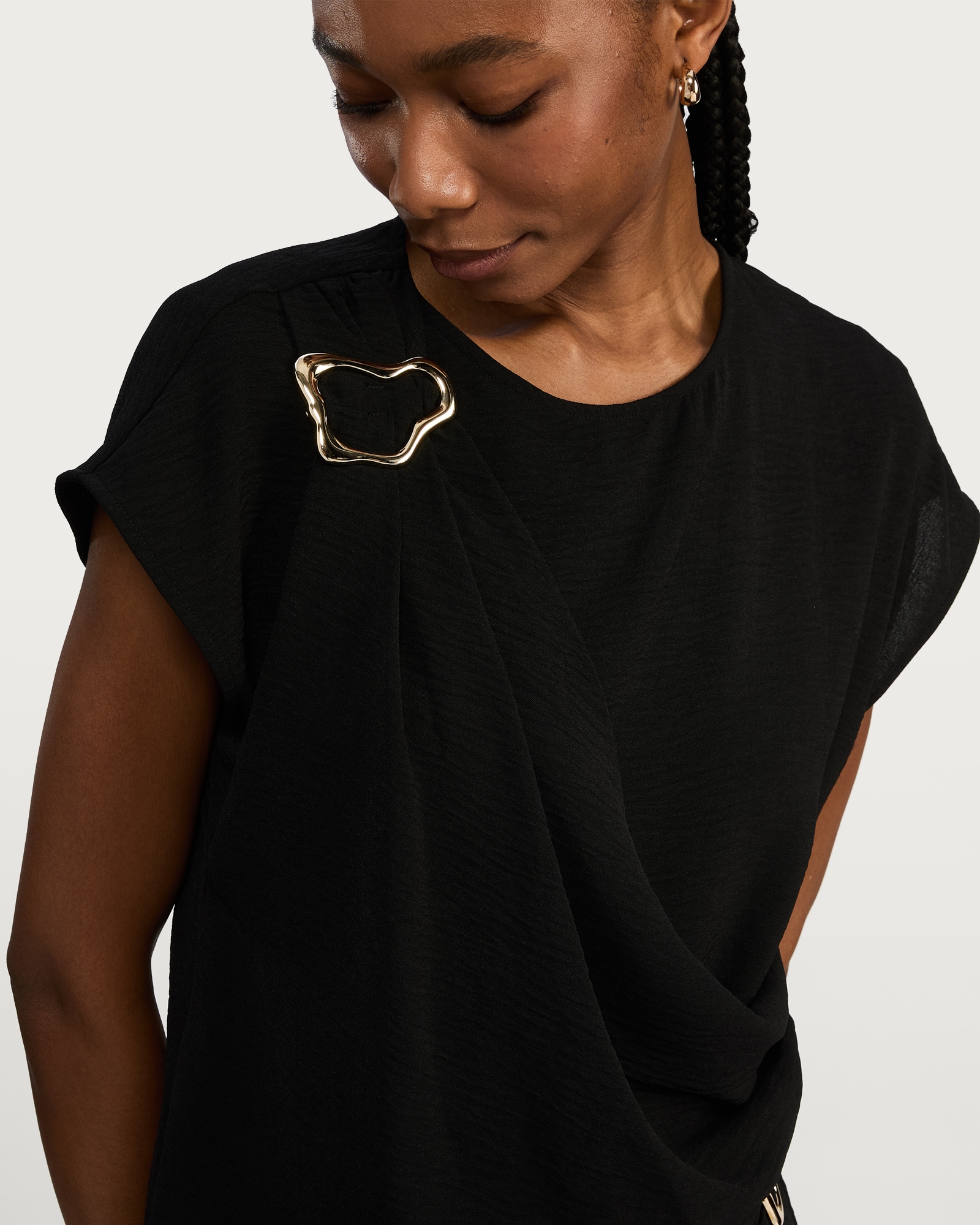 F&F Draped Metal Detail Top in Black