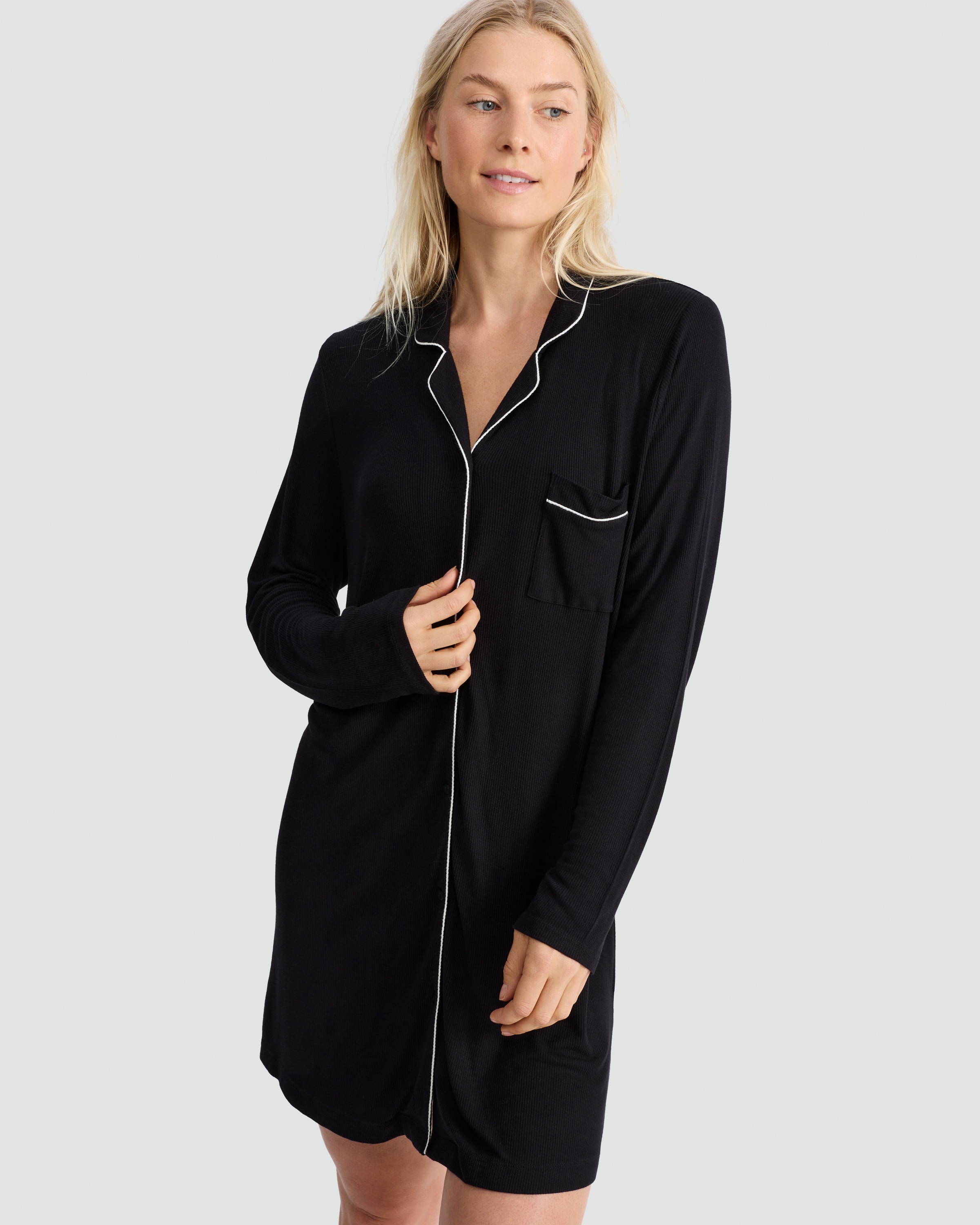 F&F Ribbed Contrast Piping Longline Pyjama Shirt in Black