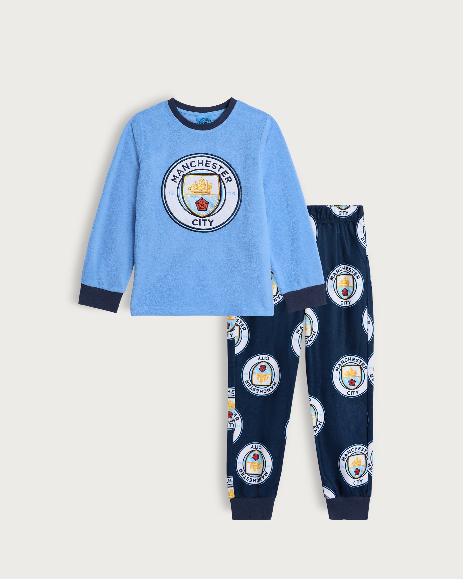 Manchester City Football Club Print Minky Fleece Pyjamas in Blue