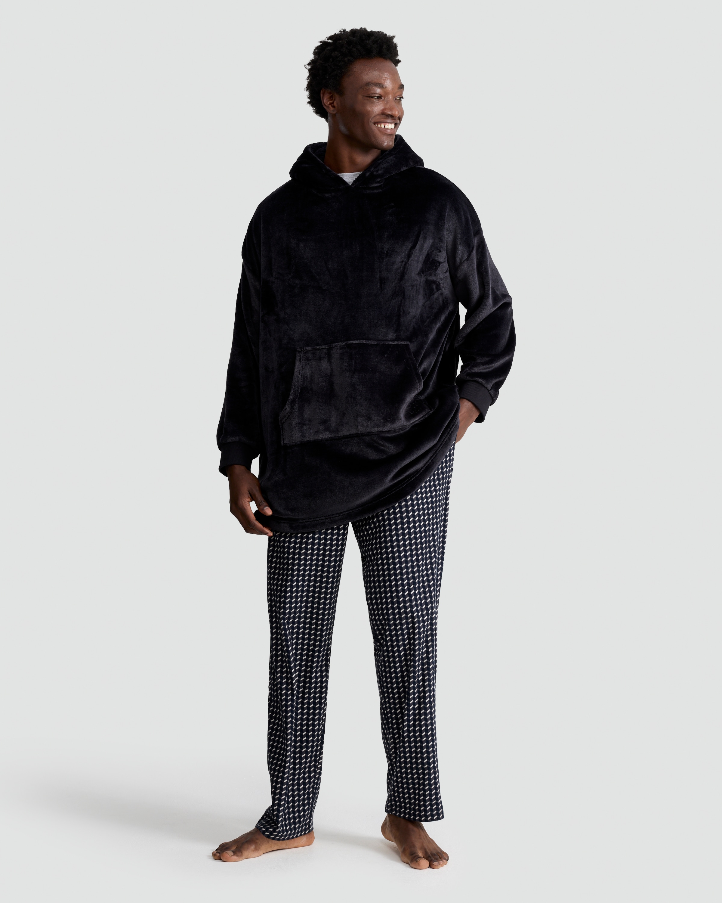 F&F Fleece Kangaroo Pocket Oversized Fit Pyjama Hoodie in Black thumbnail 2