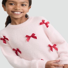 F&F Girls Knitted Satin Bow Jumper in Pink thumbnail 2