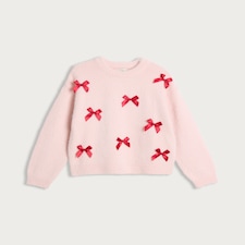 F&F Girls Knitted Satin Bow Jumper in Pink thumbnail 4