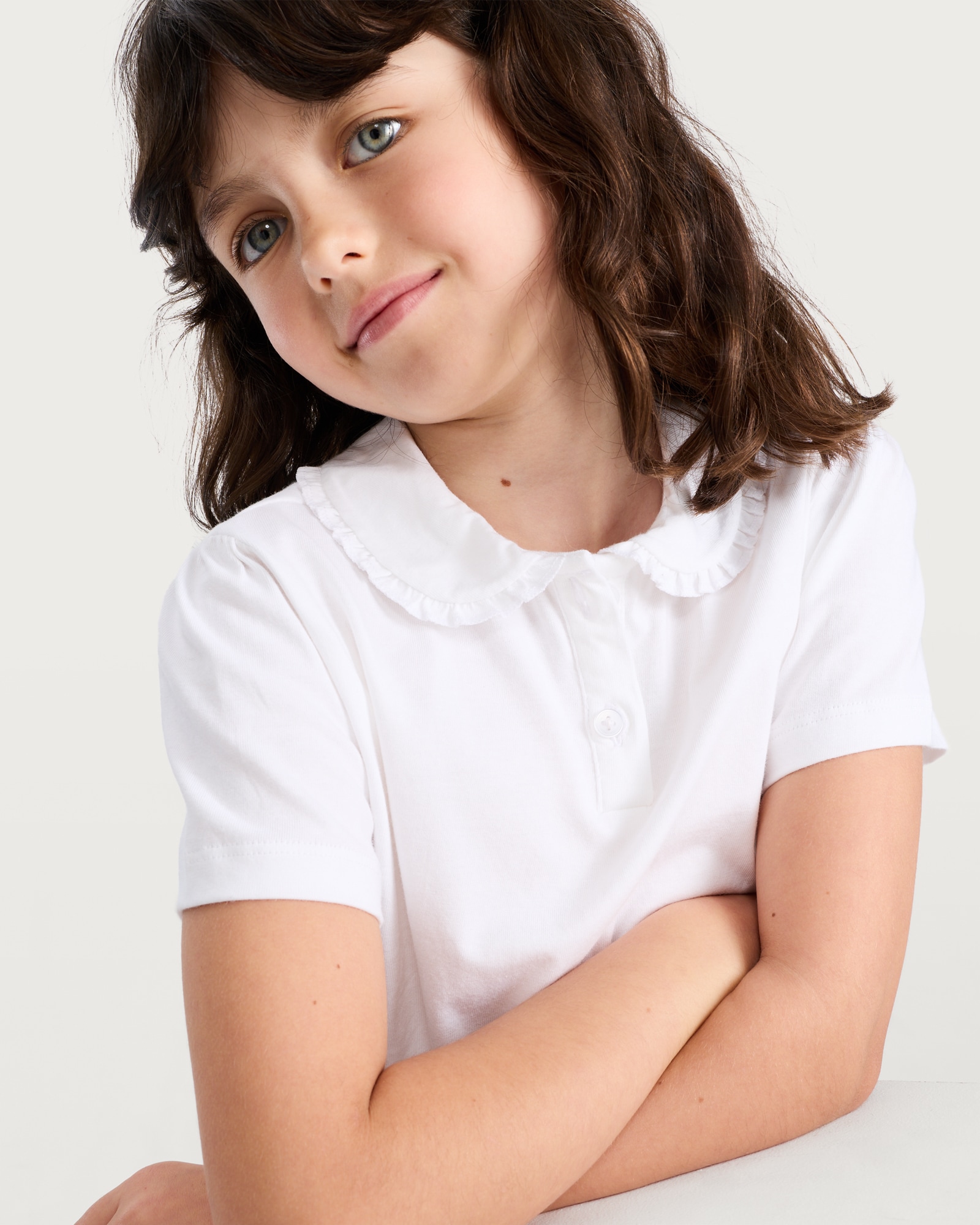 F&F School Girls Frill Trim Short Sleeved Polo Shirt in White
