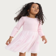 F&F Girls Bow Embroidered Long Sleeve Dress in Multi