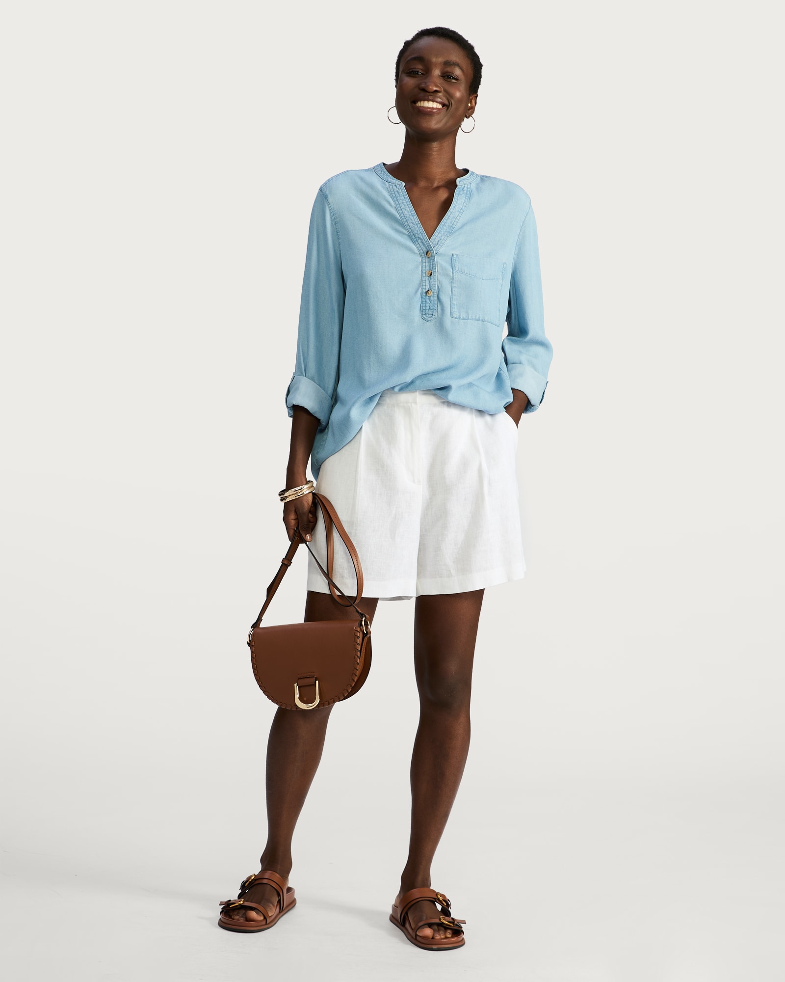 F&F Pure Lyocell Button Detail Roll Sleeved Blouse in Blue