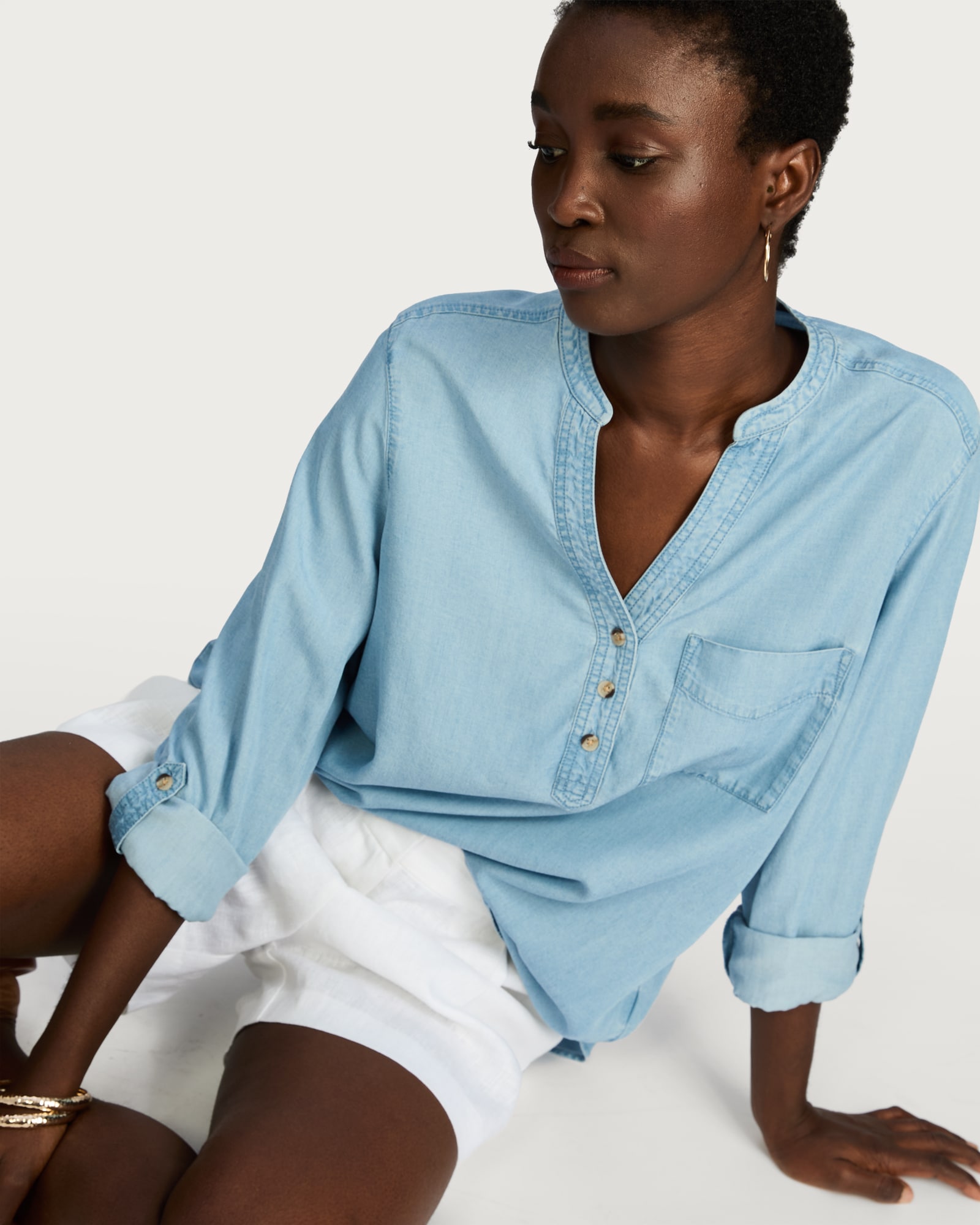 F&F Pure Lyocell Button Detail Roll Sleeved Blouse in Blue thumbnail 2