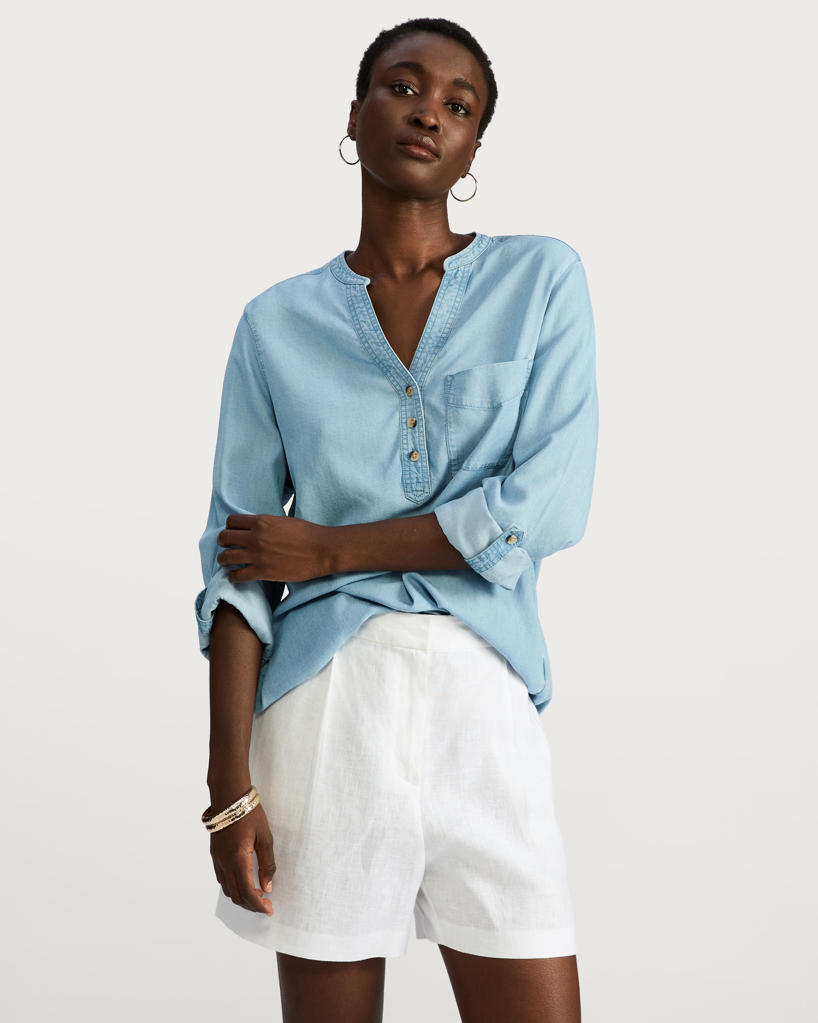 F&F Pure Lyocell Button Detail Roll Sleeved Blouse in Blue thumbnail 3