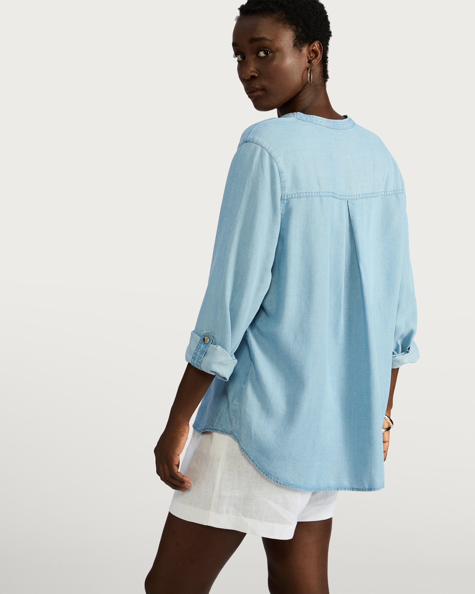 F&F Pure Lyocell Button Detail Roll Sleeved Blouse in Blue thumbnail 4