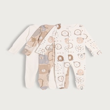 F&F Baby 3-Pack Pure Cotton Bear Print Sleepsuits in Neutral