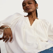 F&F Textured Tie Neck Balloon Sleeve Blouse in Cream