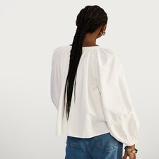 F&F Textured Tie Neck Balloon Sleeve Blouse in Cream thumbnail 4